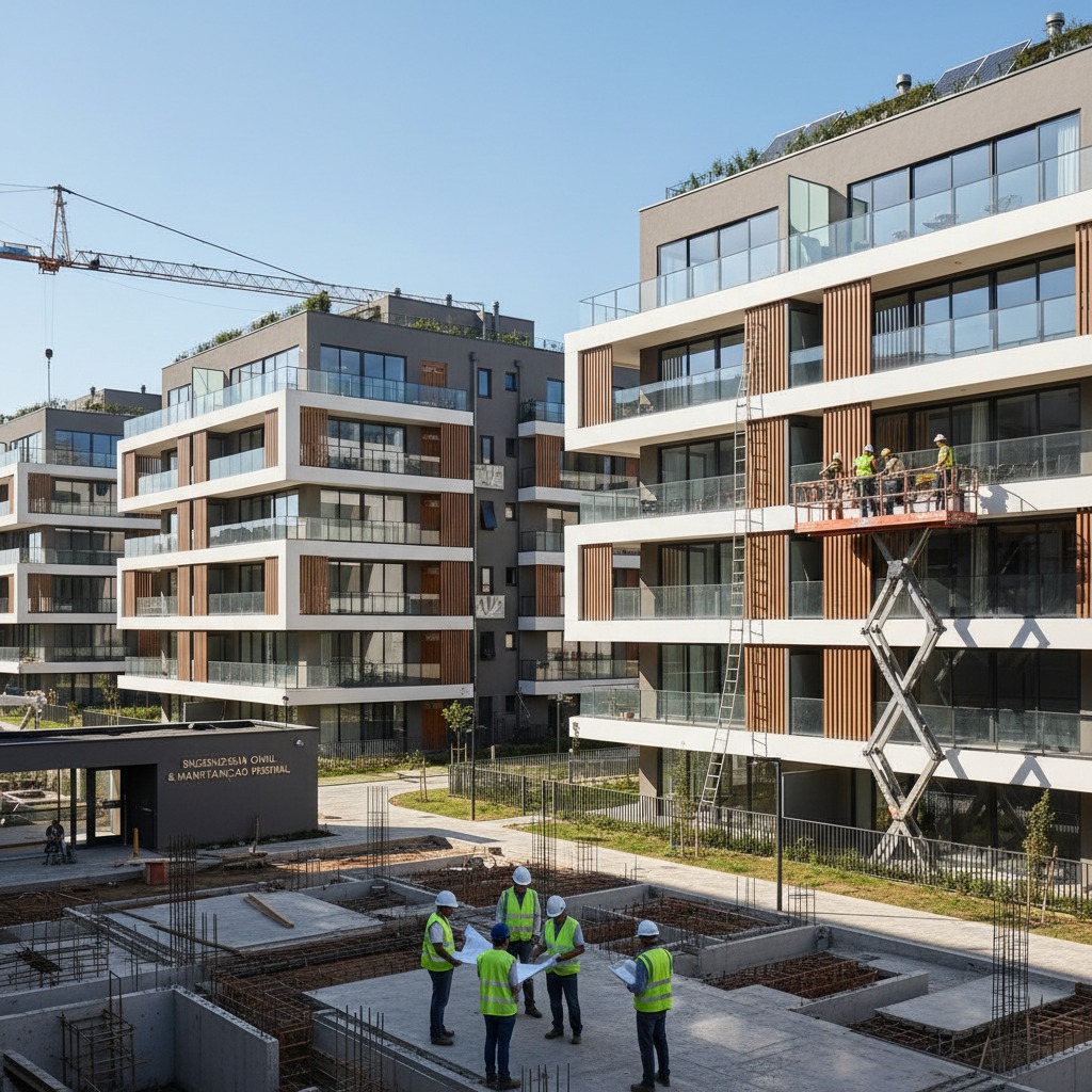 Trabalhadores da construção civil com coletes refletivos analisam plantas em um canteiro de obras com edifícios modernos ao fundo.